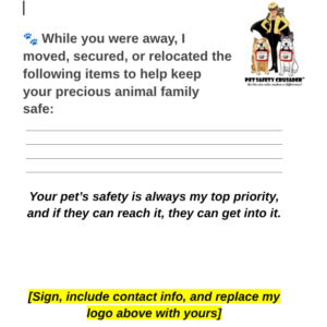 While You Were Away - A Pet Sitter's Safety Note card for Clients
