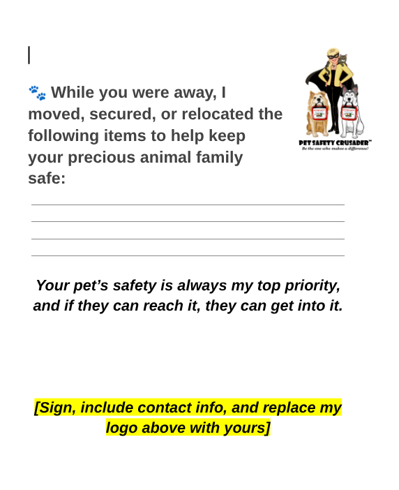 While You Were Away – A Pet Sitter’s Safety Note card for Clients