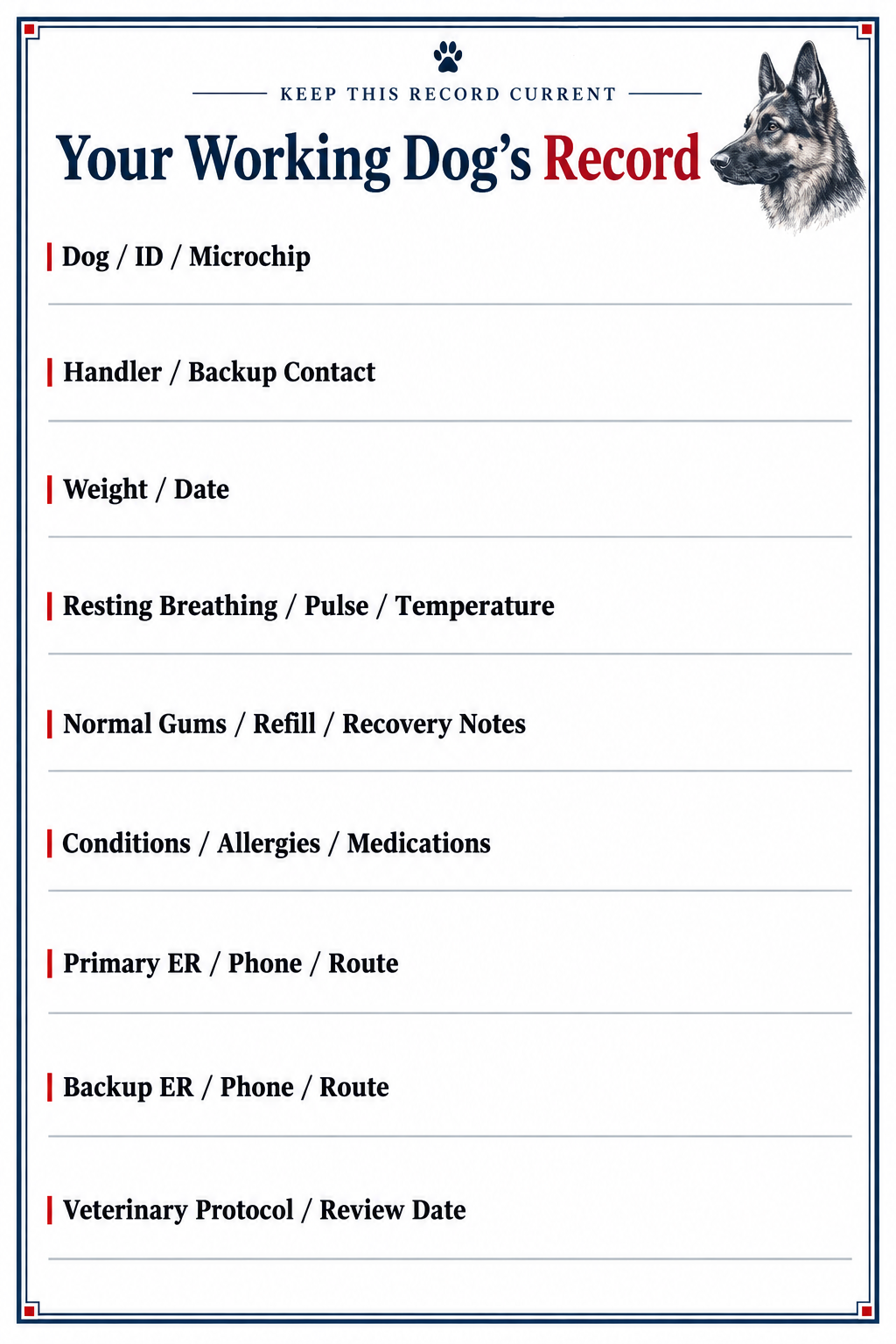Working Dog Record & Deployment Log